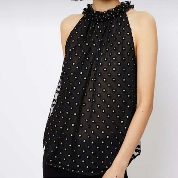 LOFT Metalilic Polka Dot Ruffle High Neck Sleeveless Mesh Shell Blouse Medium - Picture 10 of 10
